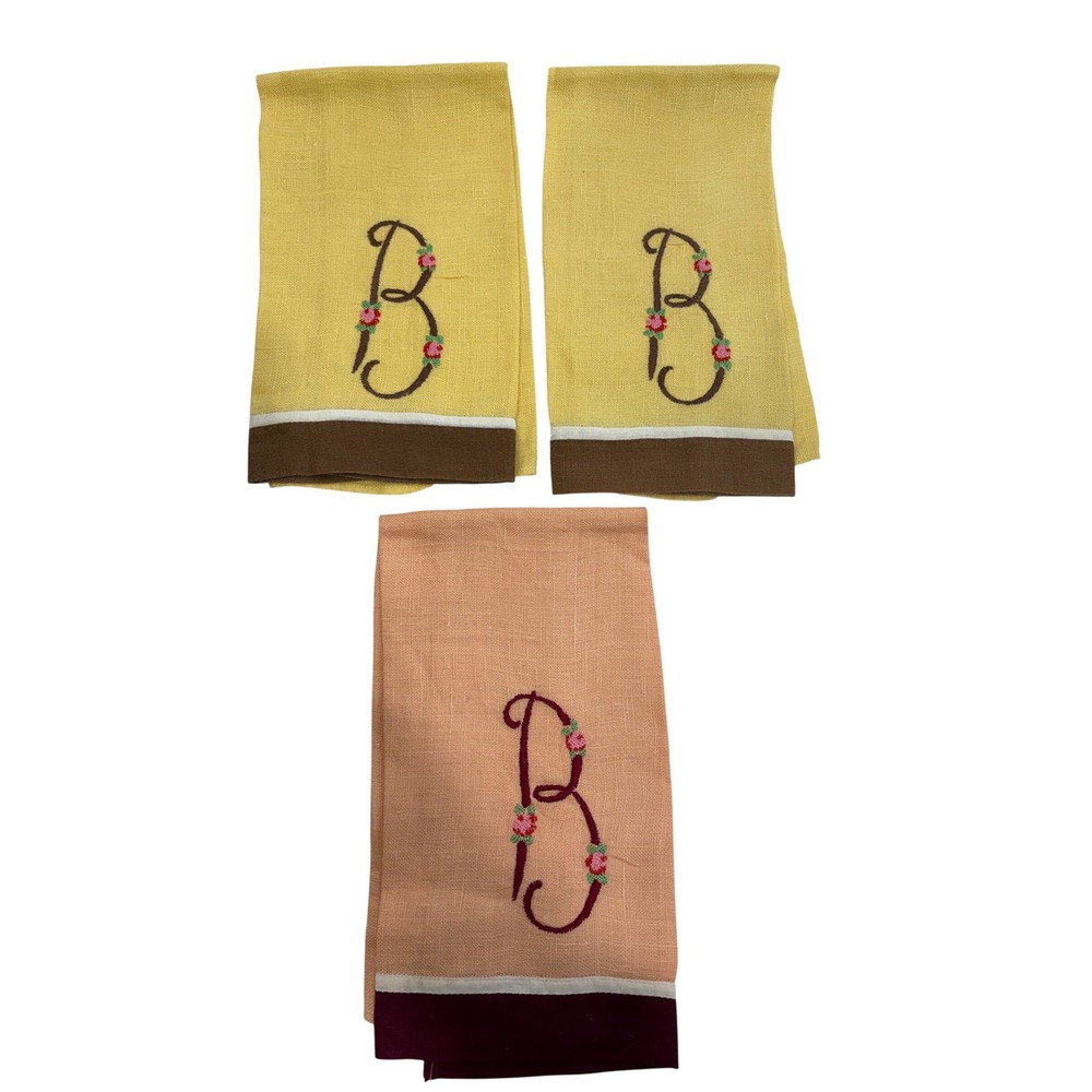 Vintage‎ Monogram Initial B Embroidered Linen Hand Towels Set of 3 Yellow Peach